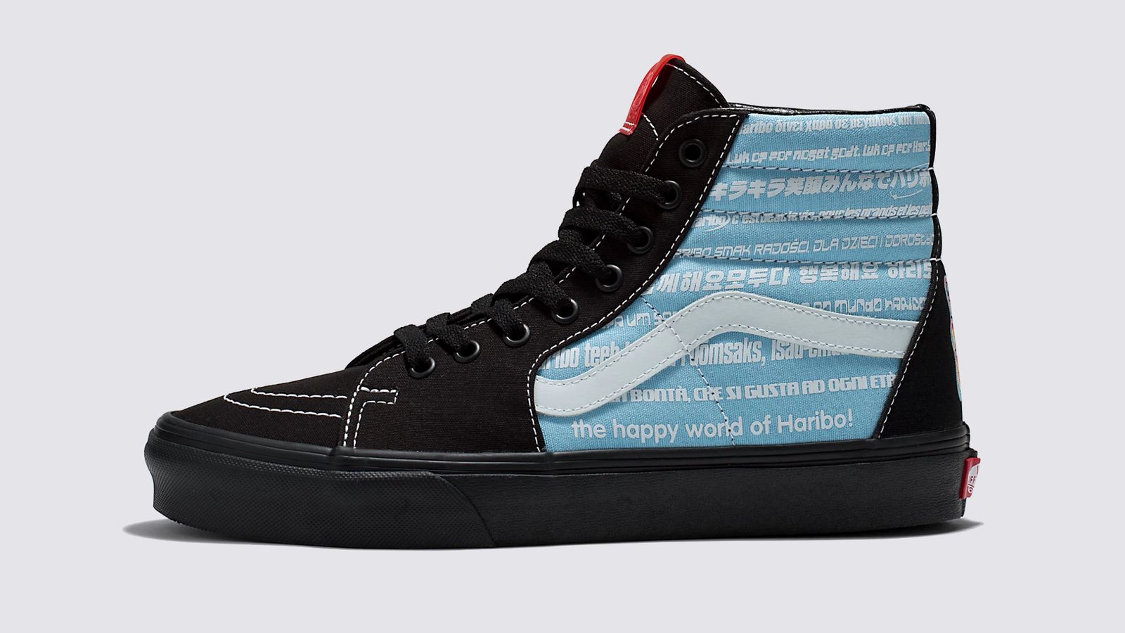 Haribo x Vans Sk8-Hi "Haribo Black" product image of a black high-top with a light blue collar and side teamed with white accents and writing.