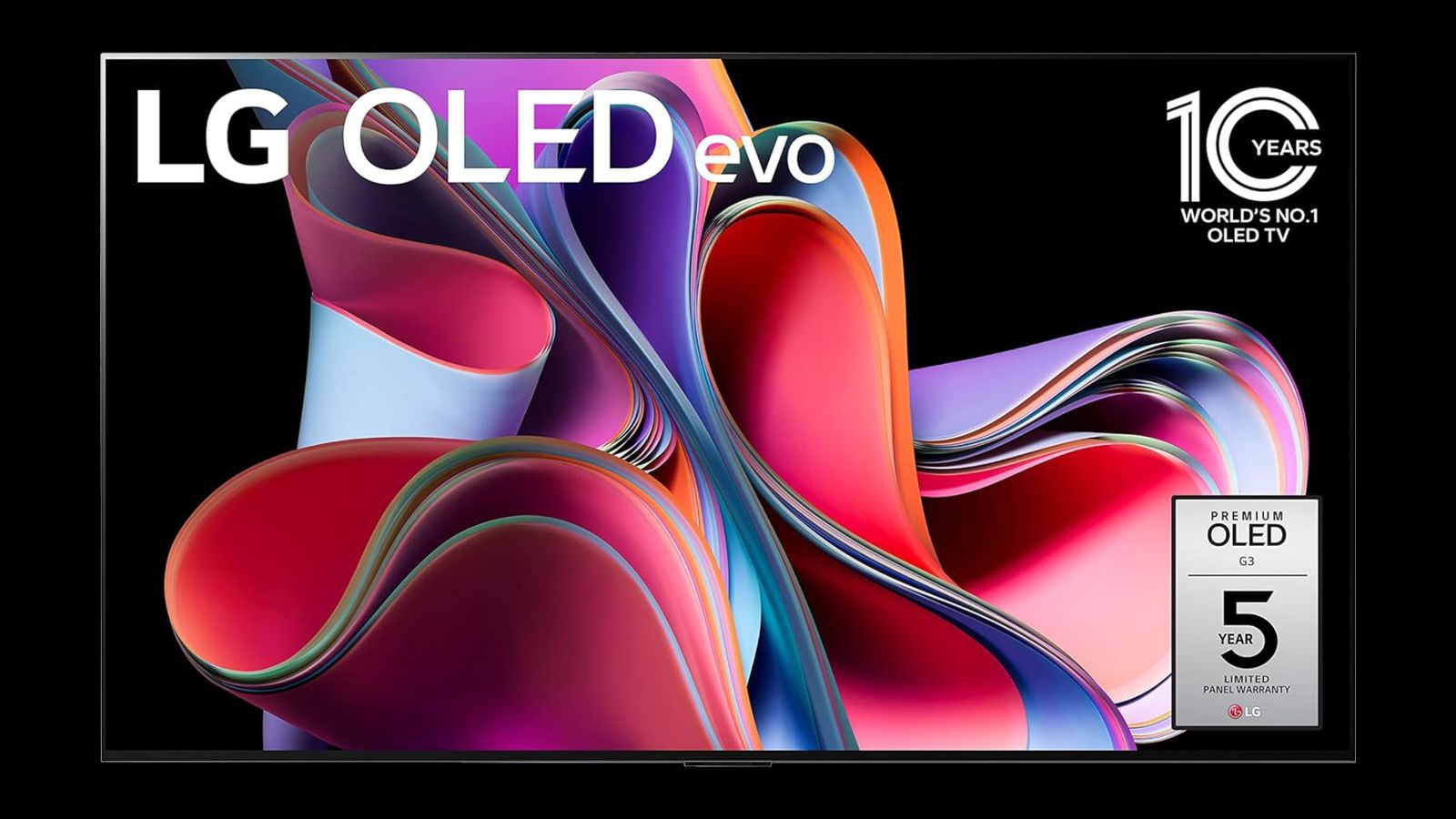 LG OLED evo G3 product image of a black near-frameless TV with a red, blue, purple, and orange wavy pattern on the display.