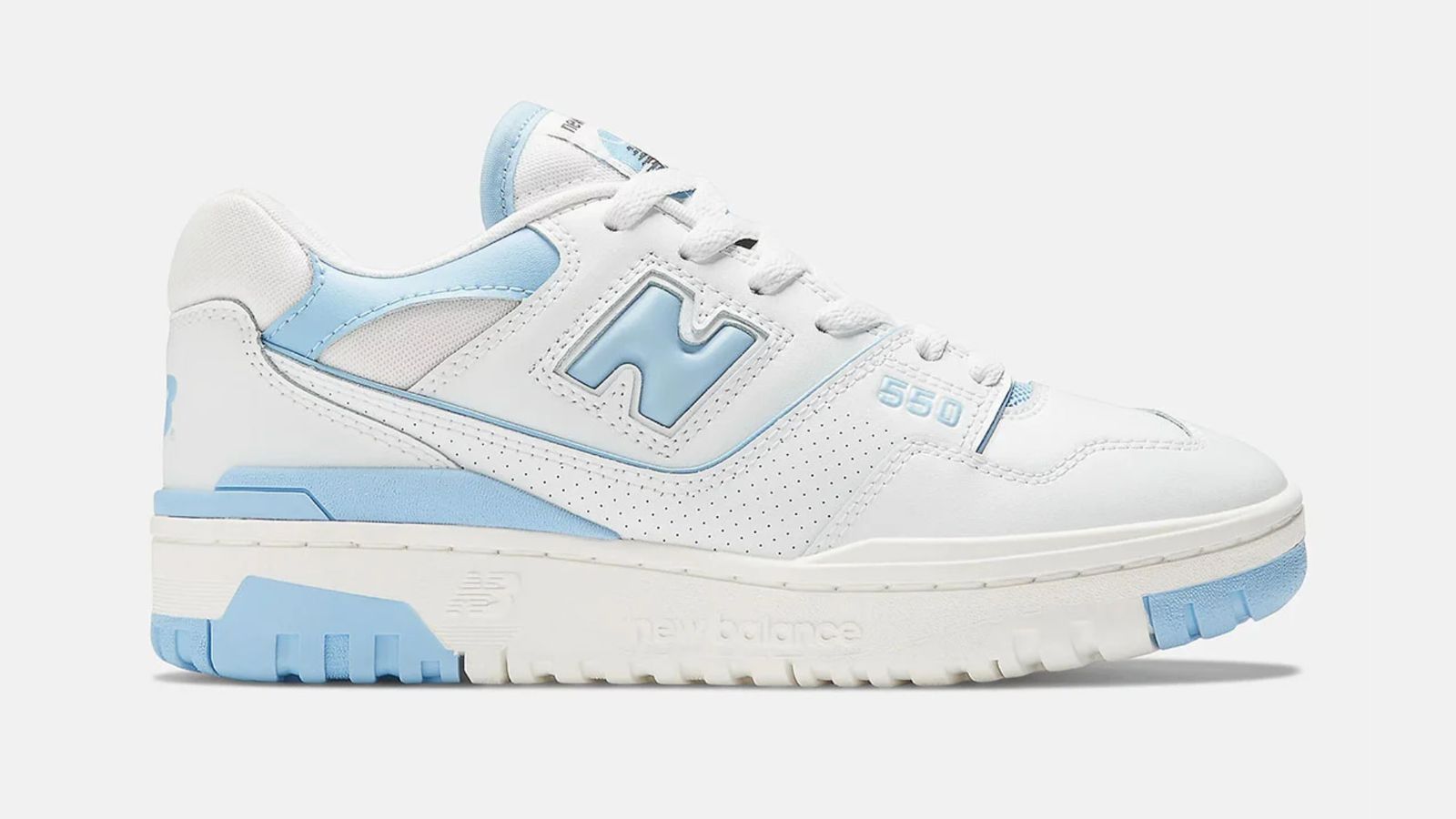 New Balance 550 "White Sky Blue" product image of a white low-top sneaker featuring light blue details, including "N" branding on the side.