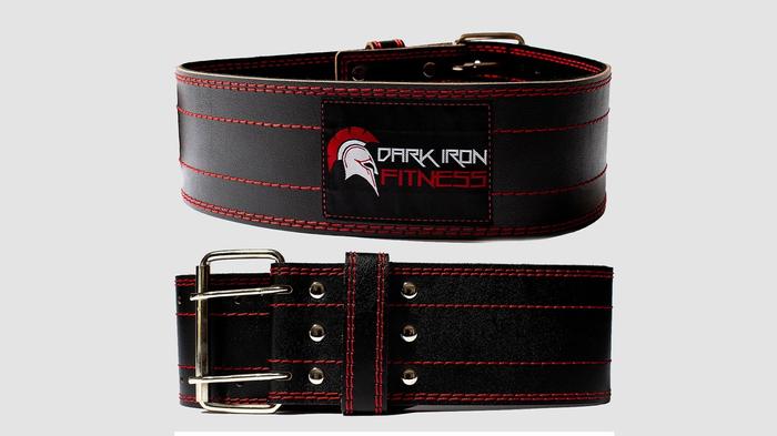 Best weightlifting belt under 100 Dark Iron Fitness product image of red and black belt.