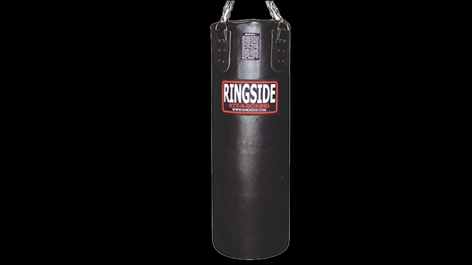 Ringside Boxing Bag product image of a hanging black bag with a red and white logo.