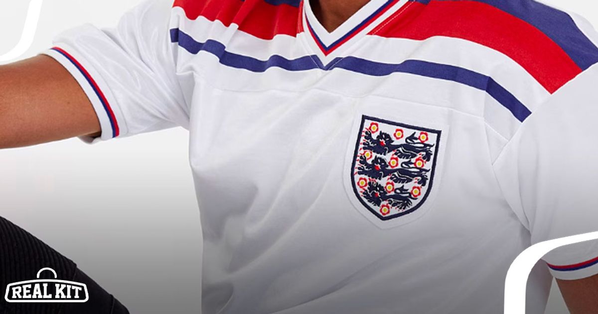 Image of a white England kit featuring blue and red shoulder stripes across the top.