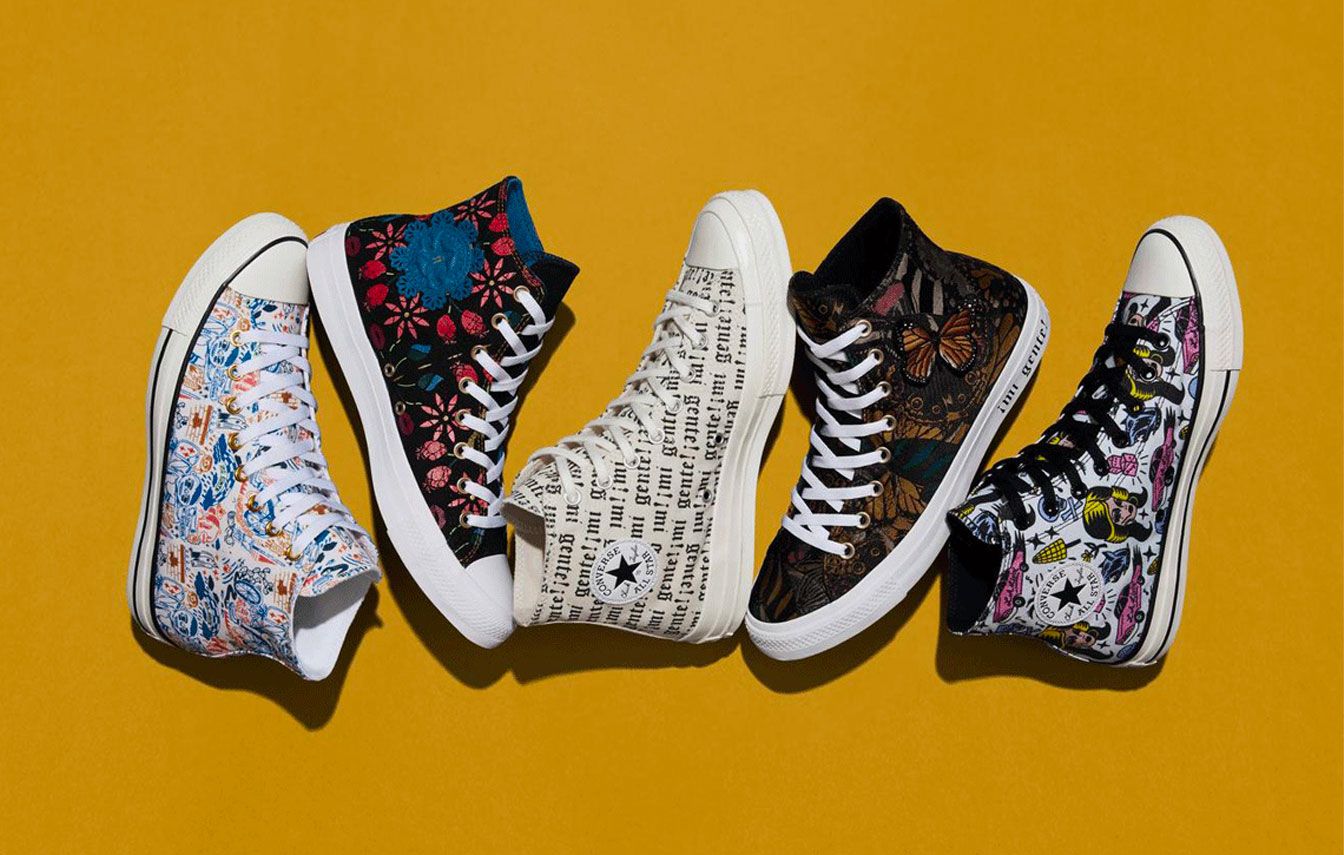 Image of the Converse Mi Gente Chuck 70 range, including colourful patterns on black and white high-tops.