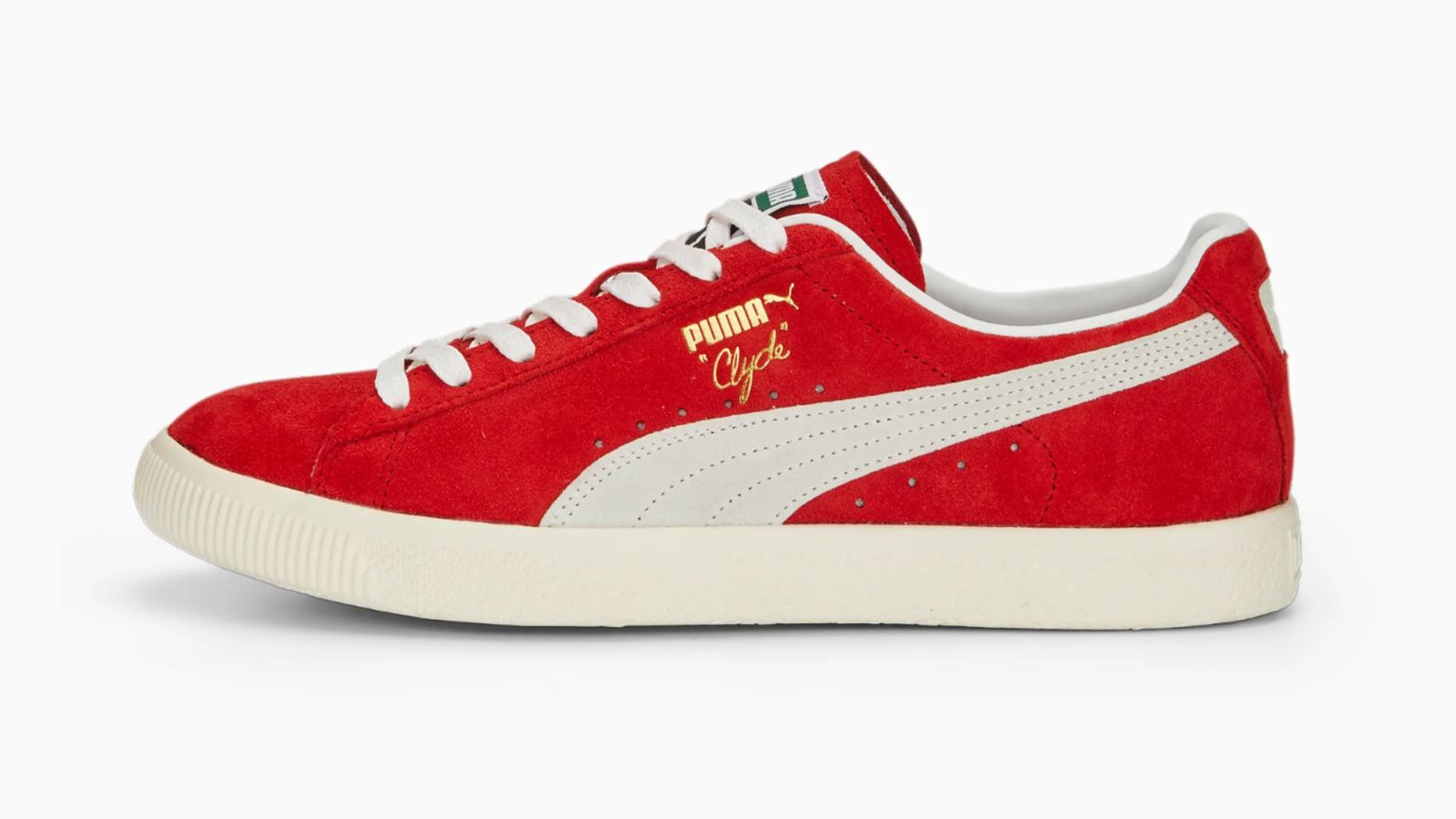 PUMA Clyde product image of a red low-top featuring an off-white midsole and side detail and gold PUMA Clyde branding.