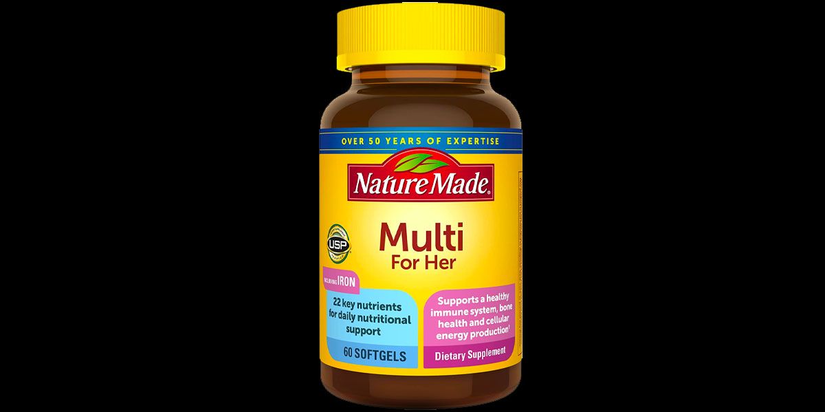 Nature Made Multi for Her product image of a brown container with a yellow lid featuring yellow and red branding.