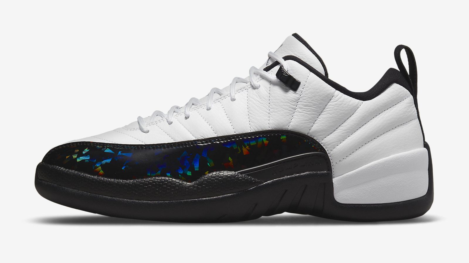 Air Jordan 12 Low "25 Years In China" product image of a white and black sneaker with holographic mudguard.