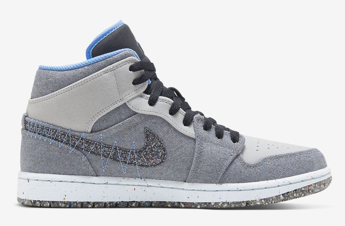 Air Jordan 1 Mid Crater "University Blue" product image of a grey canvas and light blue sneaker.