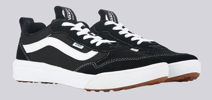 Vans product image of a pair of black suede and mesh sneakers.