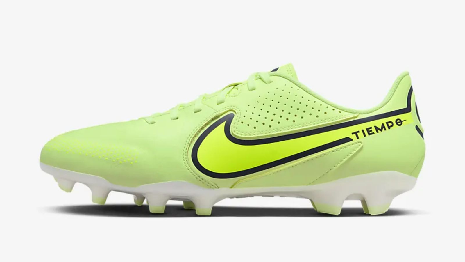 Nike Tiempo Legend 9 Academy product image of a light volt yellow and white boot with brighter yellow Nike branding.