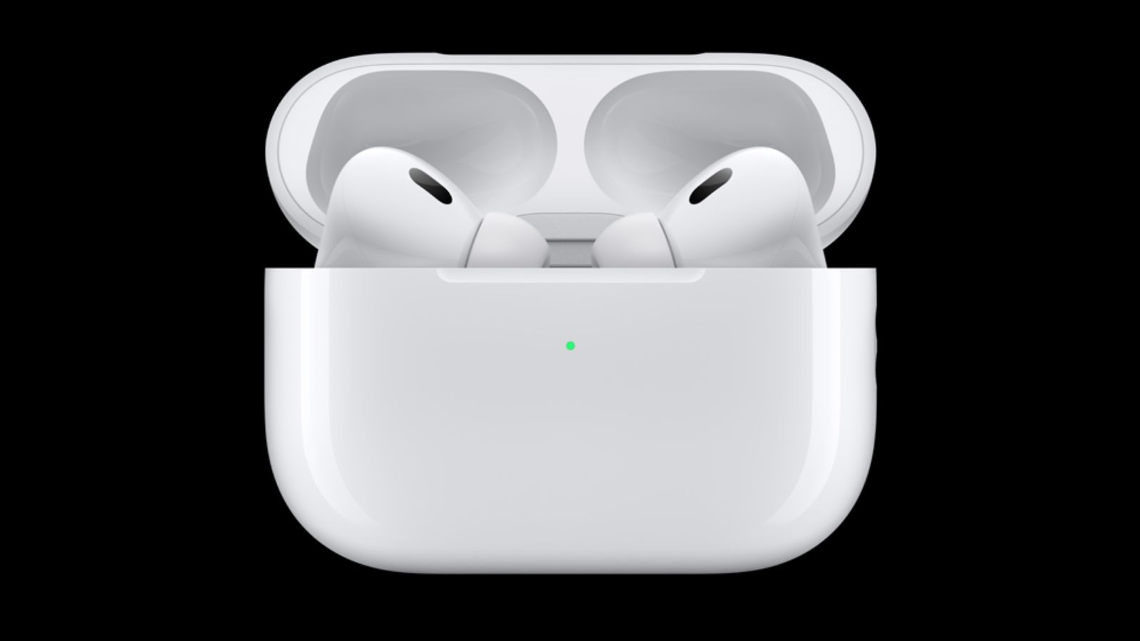 Apple AirPods Pro product image of a pair of white Airpods inside their charging case