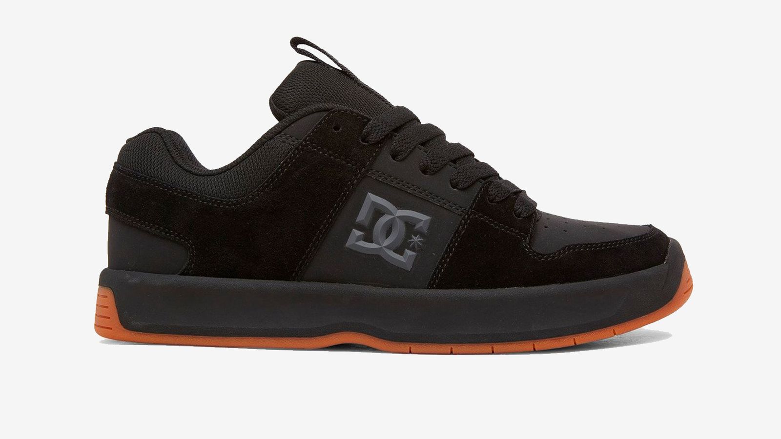 DC Lynx Zero product image of a black sneaker with gum sole and a grey DC logo on the side.