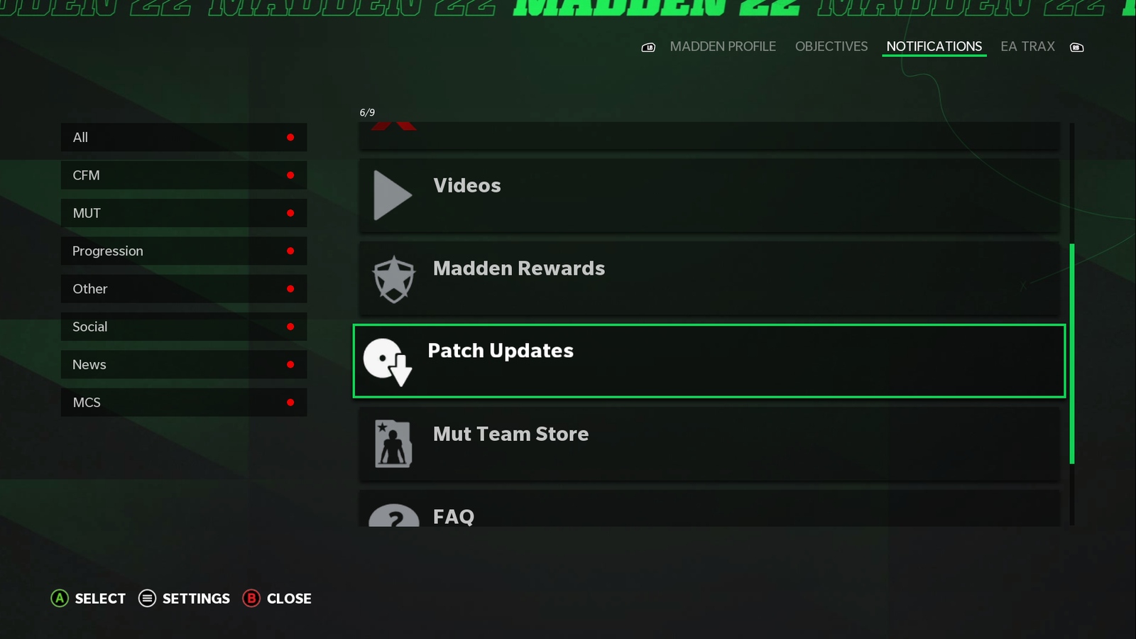 The patch updates tab in Madden 22