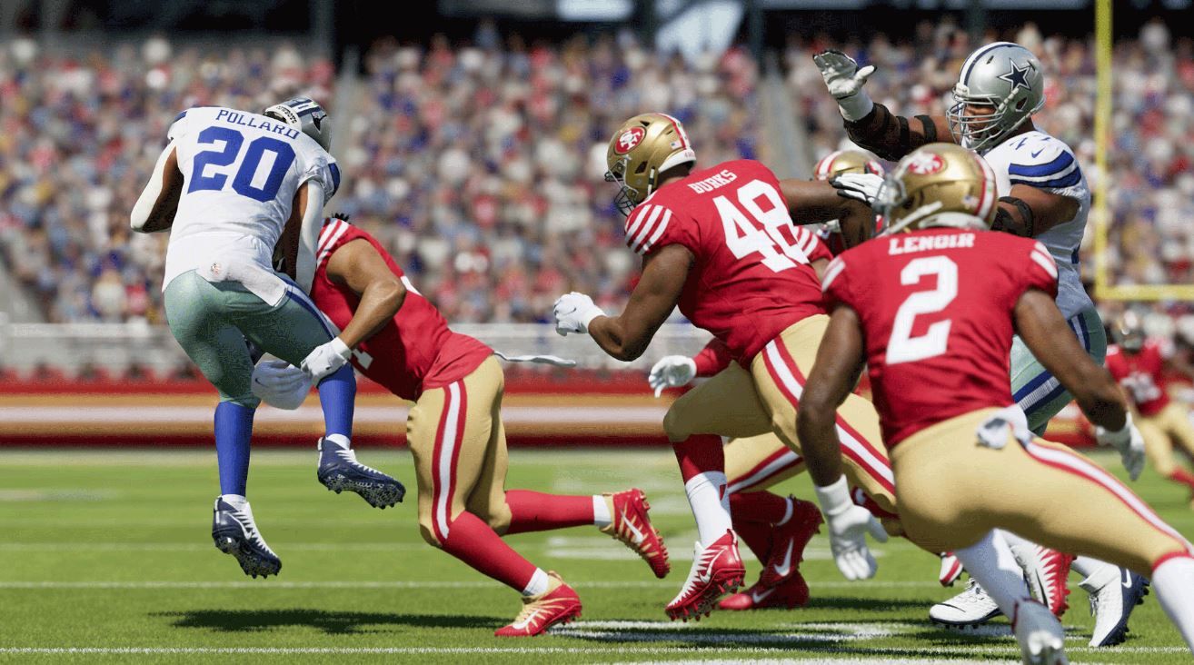 Cowboys running back Tony Pollard gets swarmed by the San Francisco 49ers defense in Madden 24