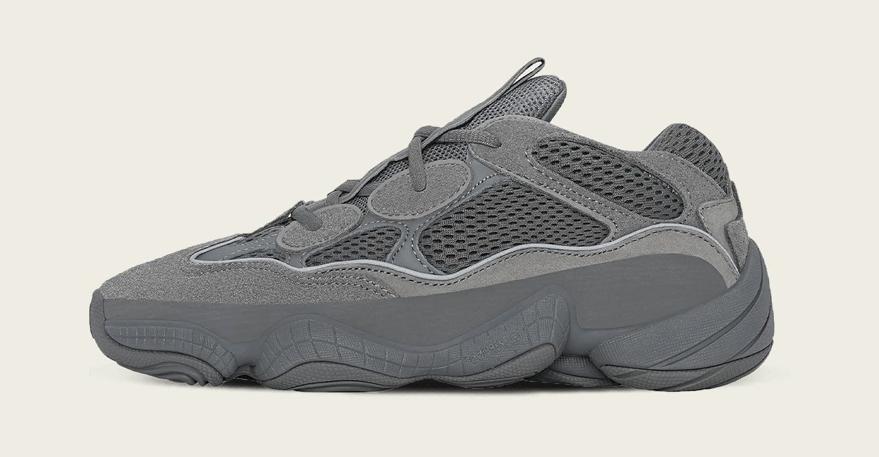 Best Yeezys 500 "Granite" product image of a granite grey mesh and suede sneaker.