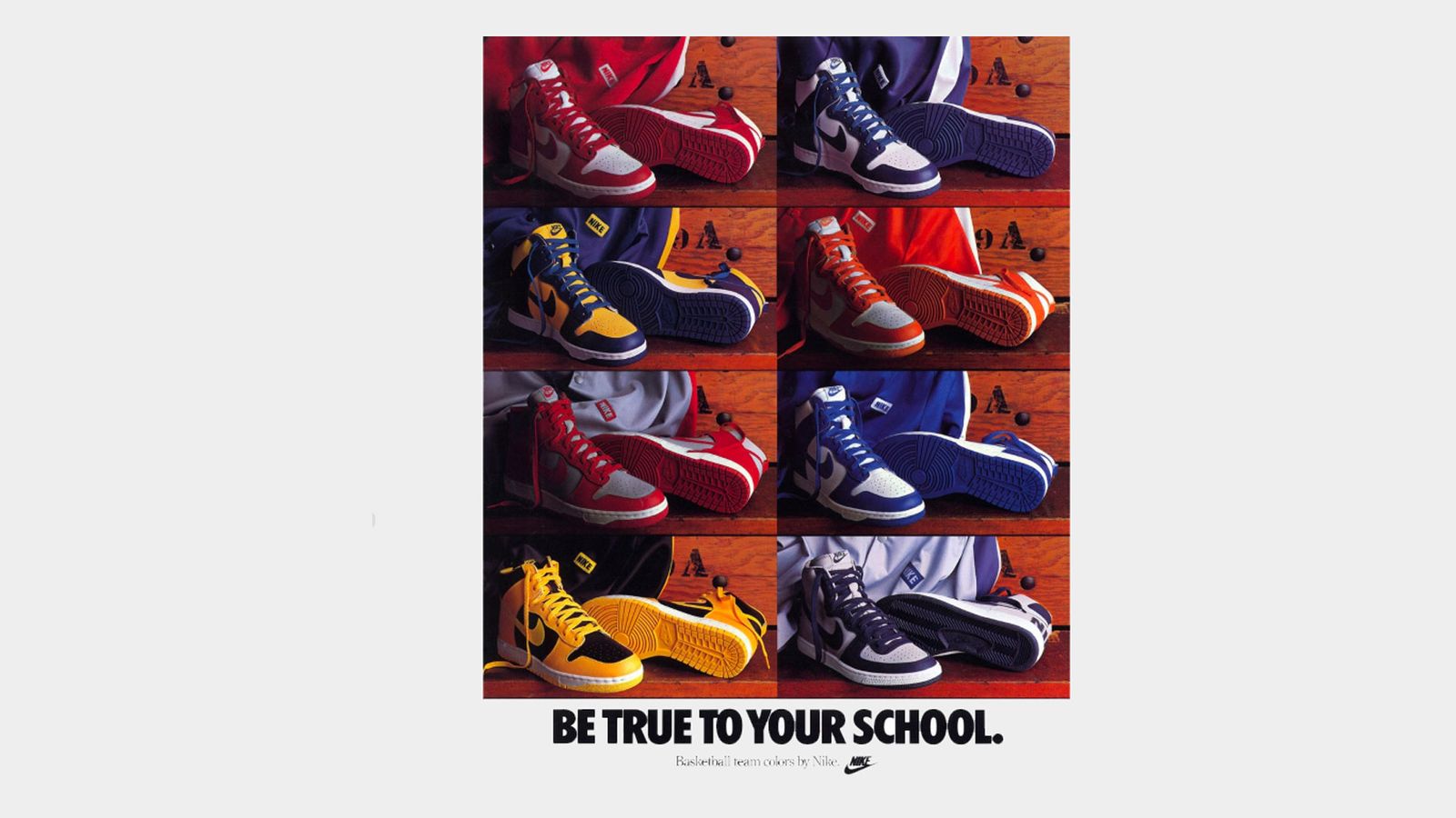 Nike Dunk poster of 8 college-themed high-top sneakers dressed in colours like blue, red, yellow, and so on.