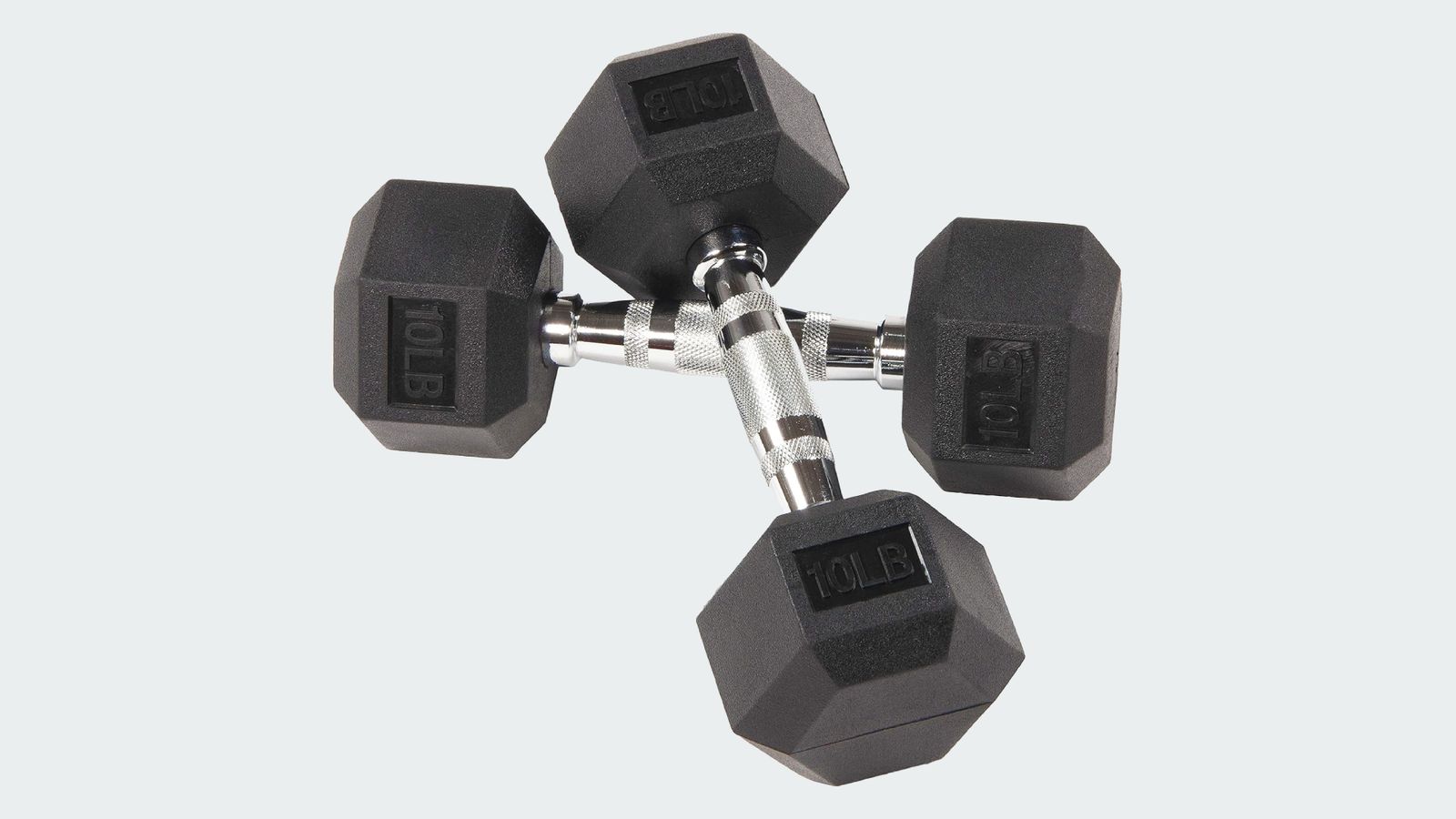 Signature Fitness Rubber Encased Hex Dumbbell product image of a pair of black hexagonal dumbbels with silver metal handles.