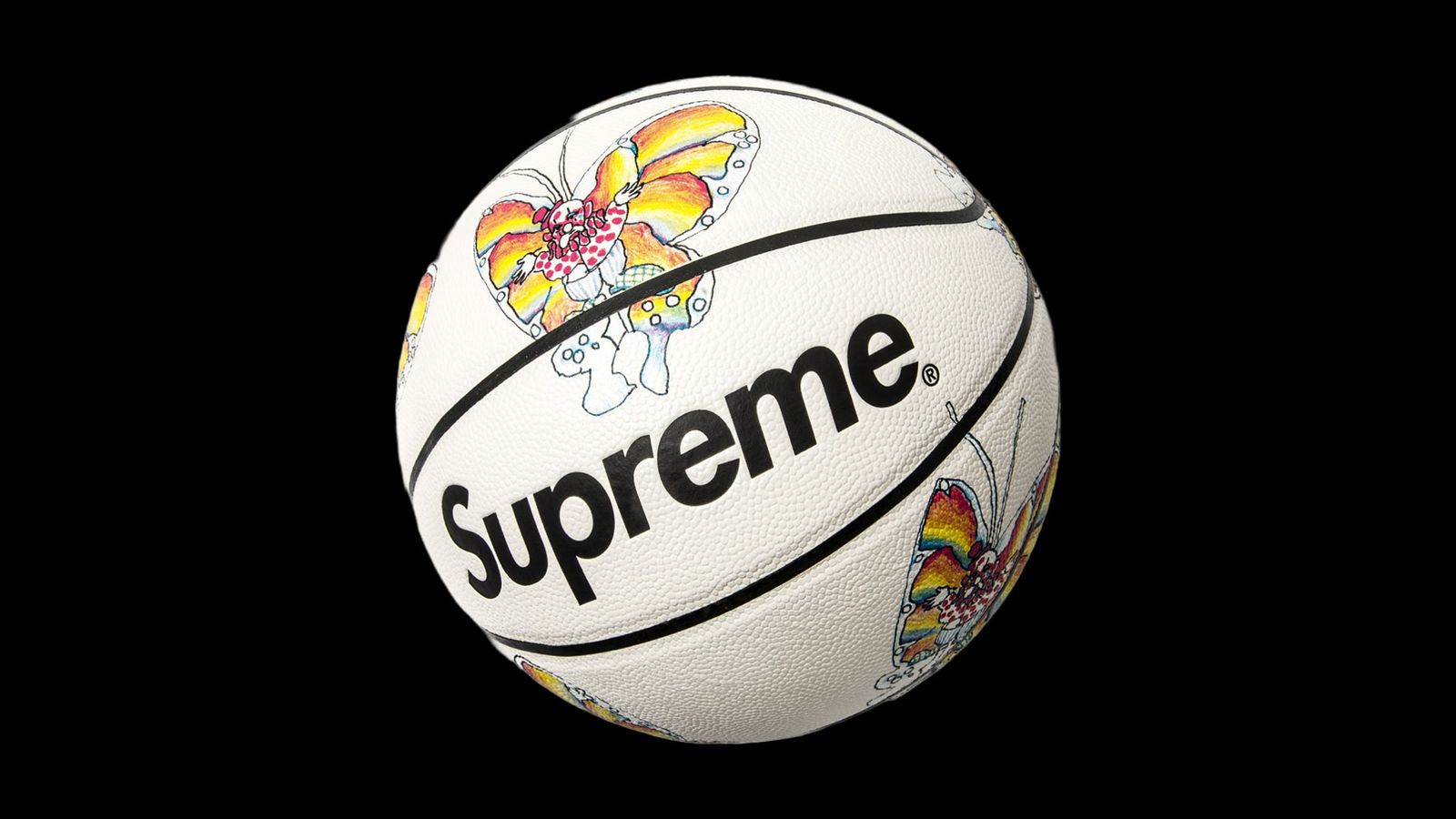 Supreme x Spalding Gonz Butterfly Basketball product image of a white basketball with a floral butterfly pattern.