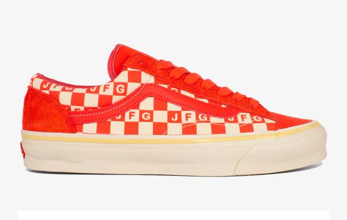 Best sneakers for summer Joe Freshgoods x Vans Old Skool Honeymoon Stage product image of a single red and white sneaker with a checkerboard pattern.