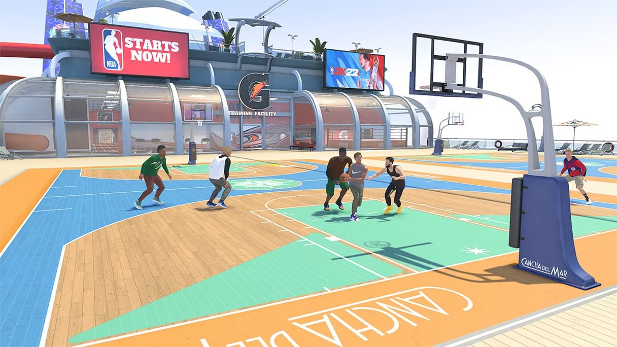 Players playing basketball on a cruise ship in NBA 2K22