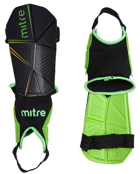 Best shin pads Mitre product image of a pair of black and green shin pads with ankle guards