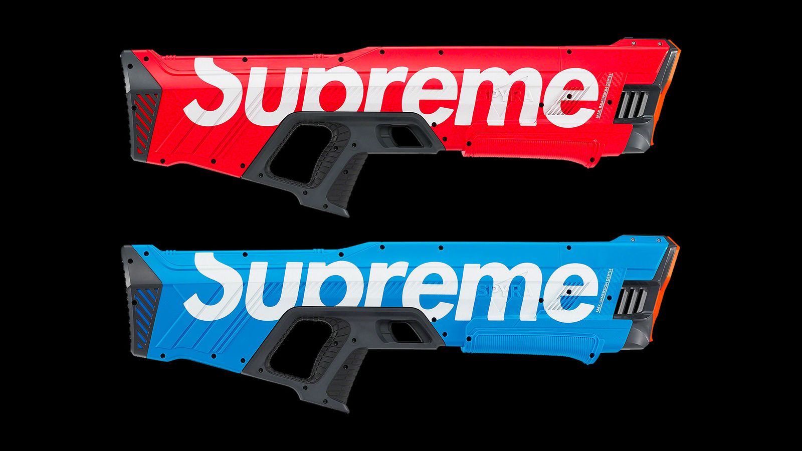Supreme x SpyraTwo Water Blaster product image of a red and light blue pair of water guns.