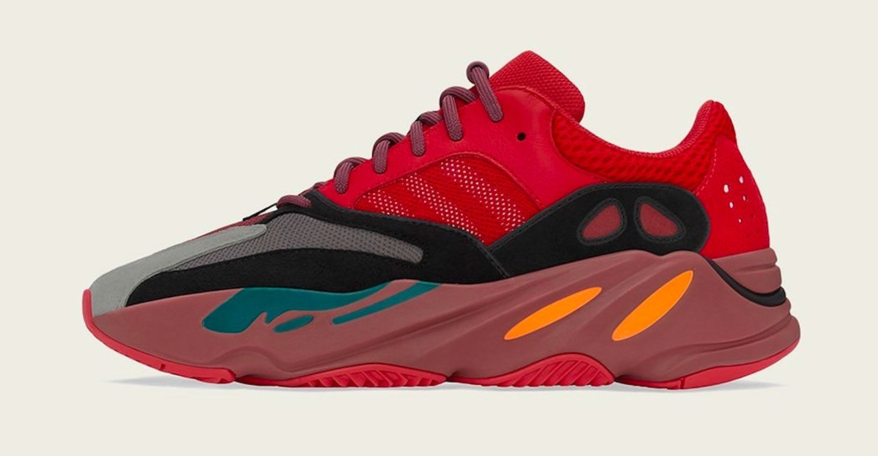 adidas Yeezy Boost 700 "Hi-Res" product image of a red sneaker with black, orange, and teal accents.
