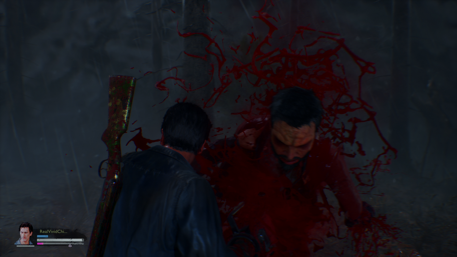 Ash Williams finishing off a deadite with his chainsaw hand in Evil Dead:The Game