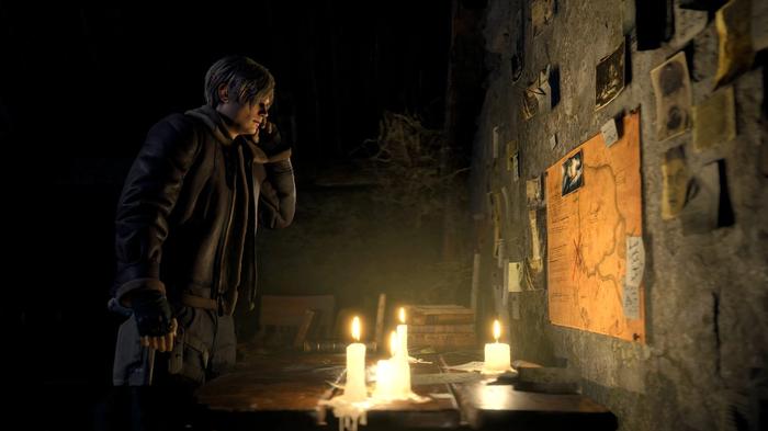 resident evil 4 remake screenshot of Leon s Kennedy looking at evidence pinned on a wall