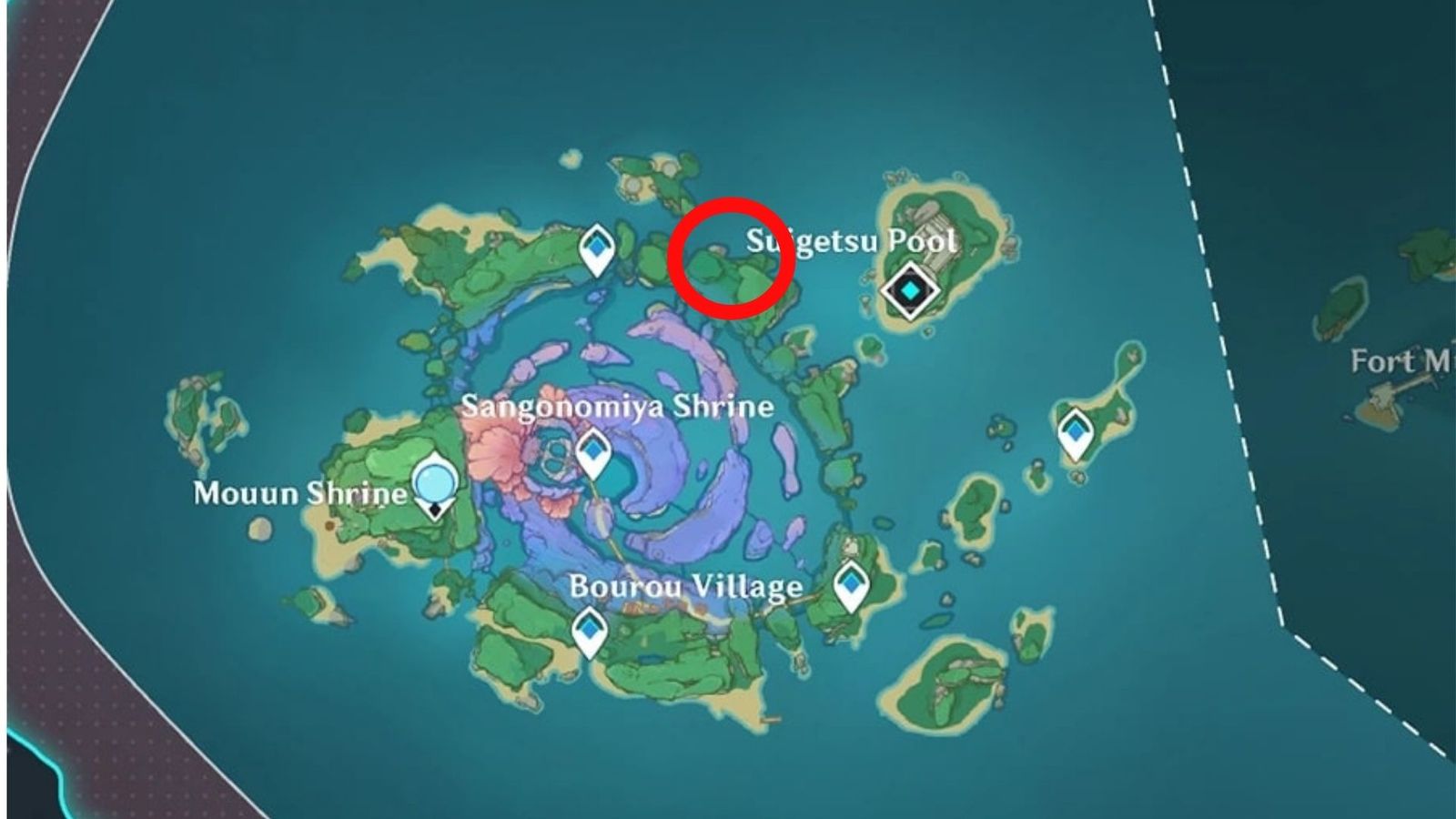 A screenshot of Watatsumi Island in Genshin Impact. 