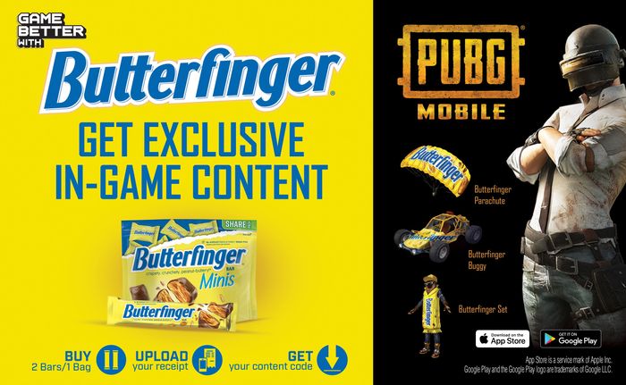 A promotional image for PUBG Mobiles Butterfinger crossover event.