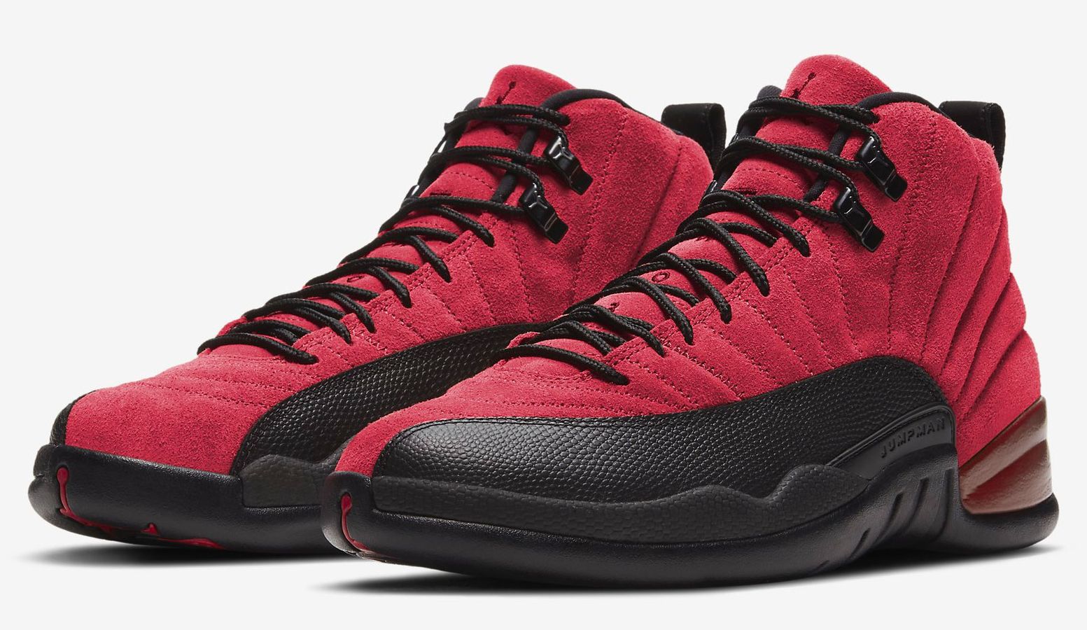 Best Air Jordan 12 colorways "Reverse Flu Game" product image of a pair of red sneakers with black overlays.