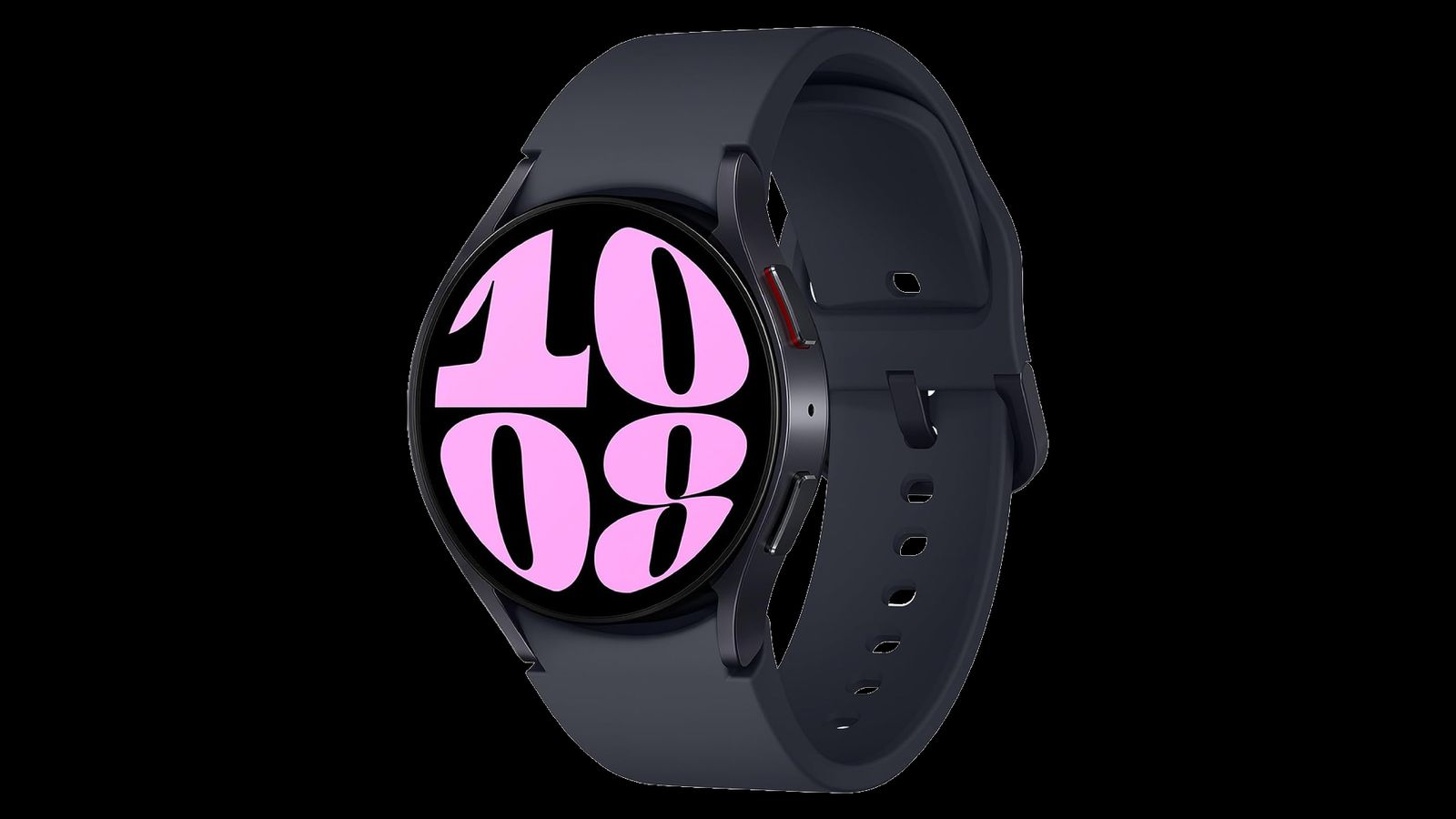 Samsung Galaxy Watch 6 product image of a black smartwatch with the time 10:08 in pink covering almost the entire display.