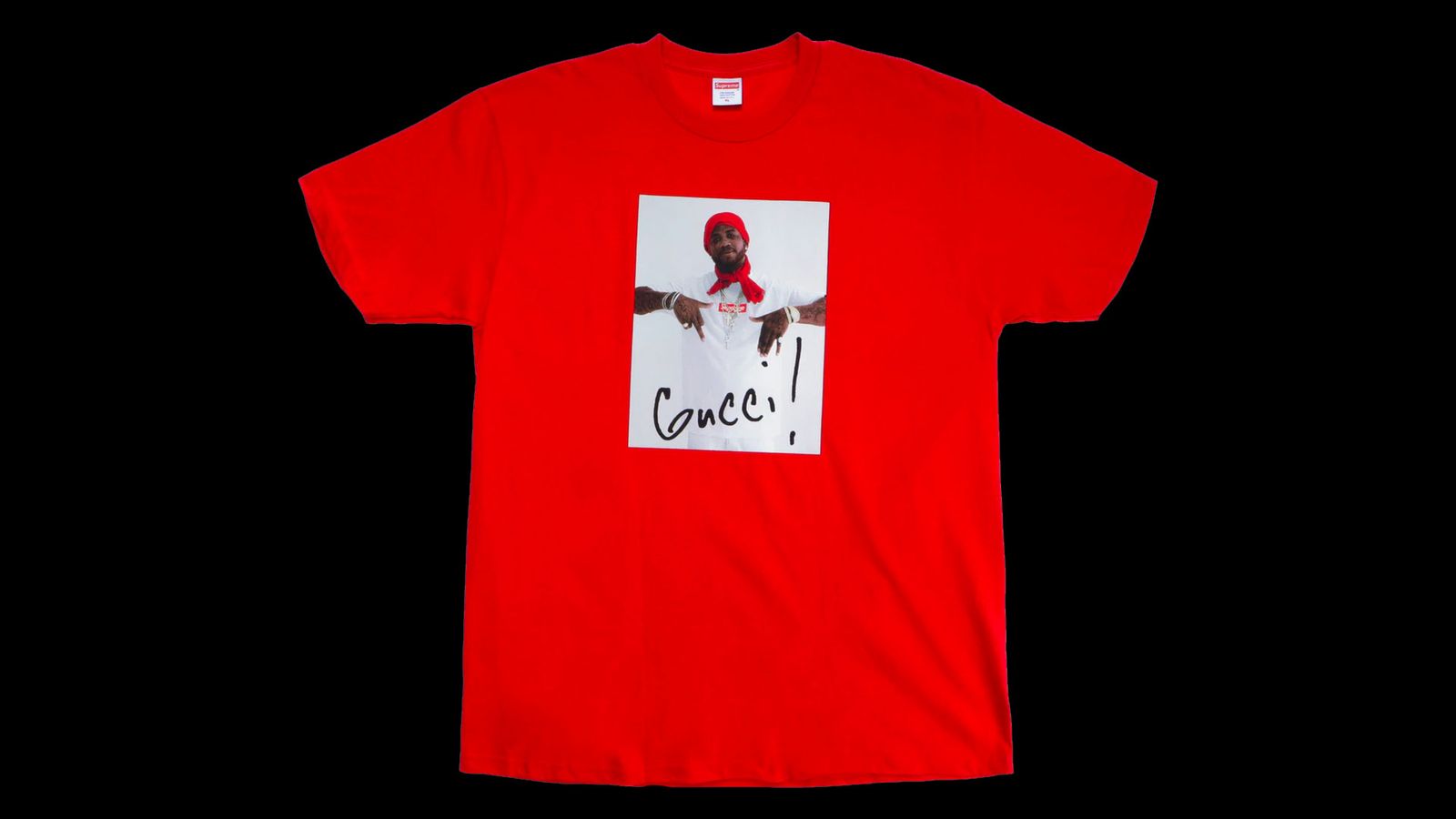 Supreme Gucci Mane Tee product image of a red t-shirt with Gucci Mane pictured with his signature in the centre.