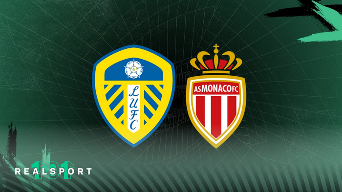Leeds United and Monaco badges with green background