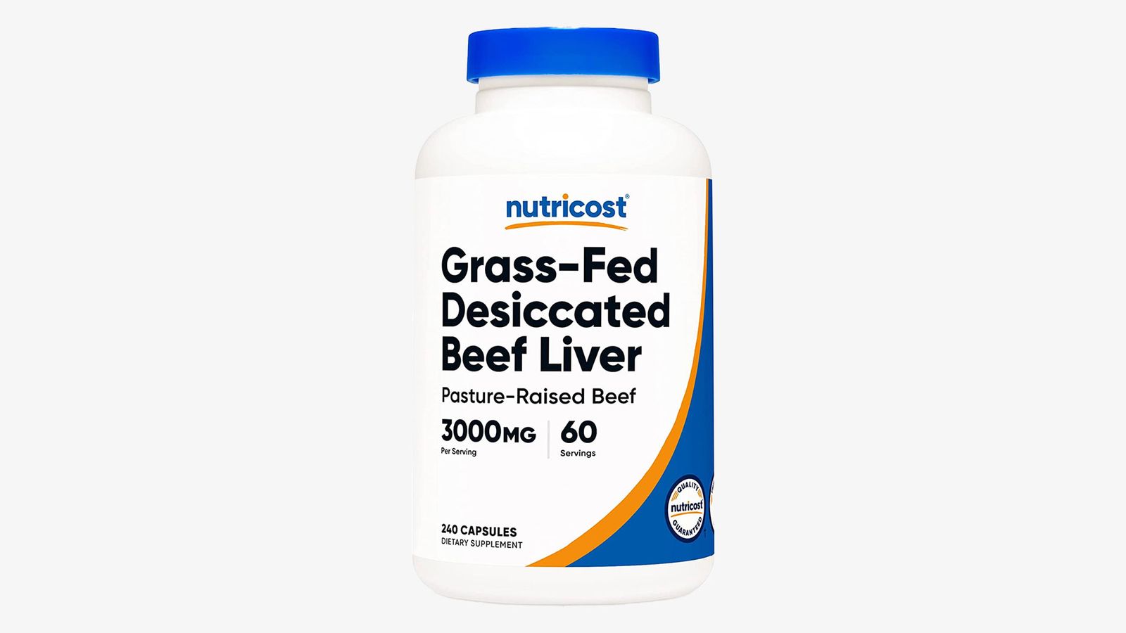 Nutricost Grass Fed Desiccated Beef Liver Capsules product image of a white container with orange and blue branding.
