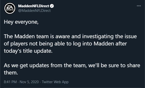 Madden 21 servers down november title update server status