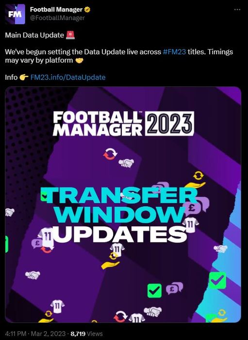 Football Manager's official tweet regarding the main data update