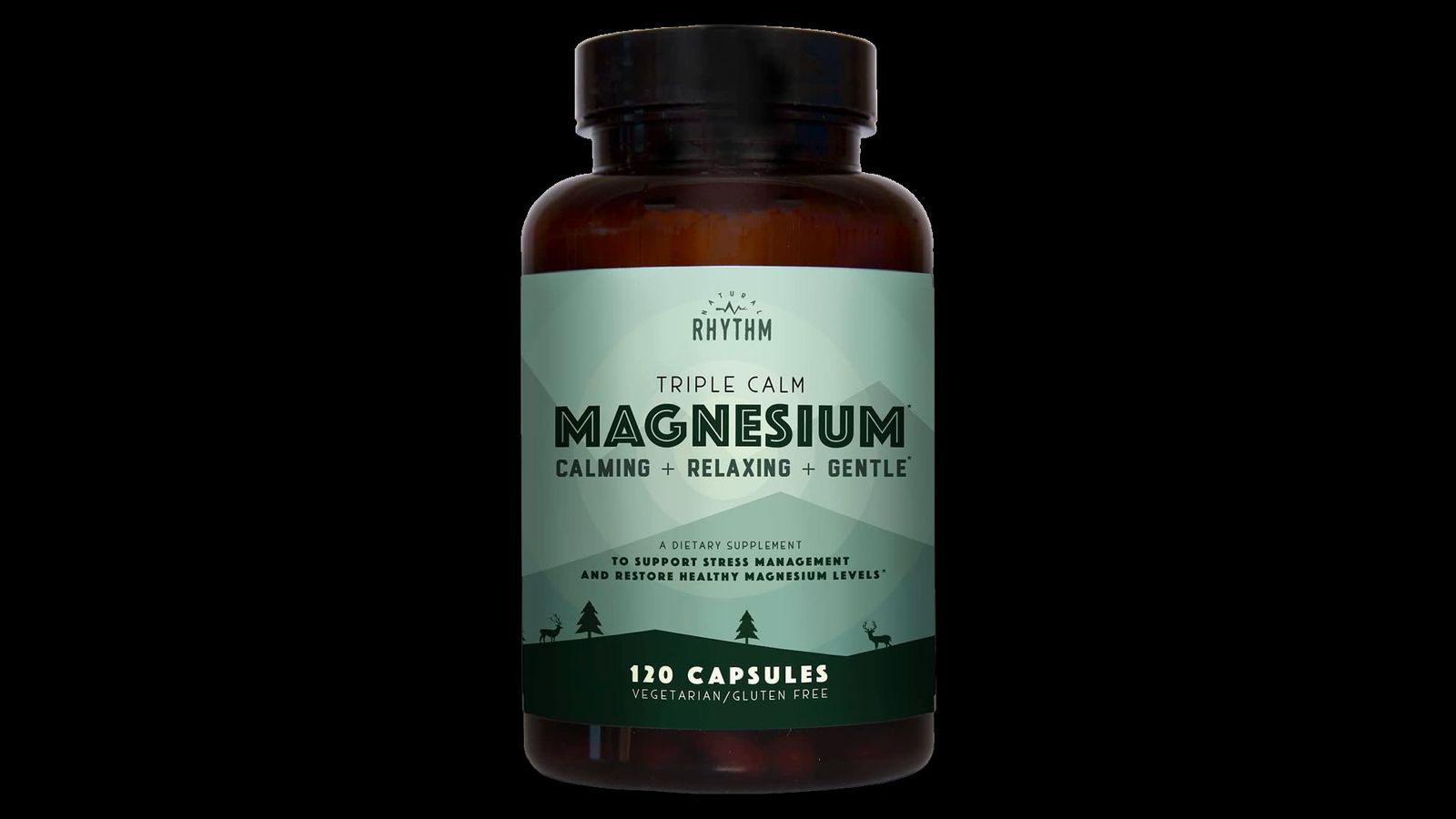 Natural Rhythm Triple Calm Magnesium product image of a brown bottle with light green branding.