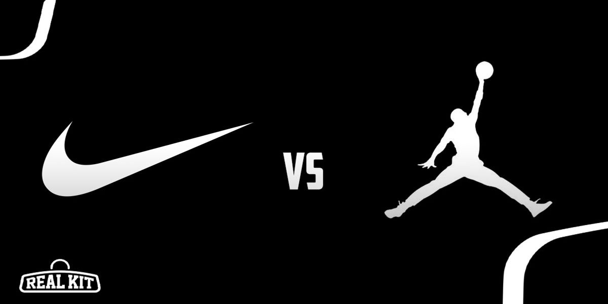Image of the Nike logo in white vs the Jordan Jumpman logo in white on a black background.