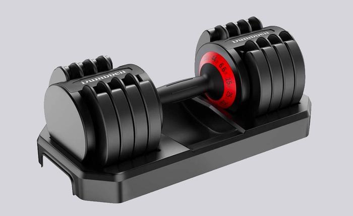 Best Adjustable Dumbbells Hhusali product image of a black and red dumbbell in a stand.