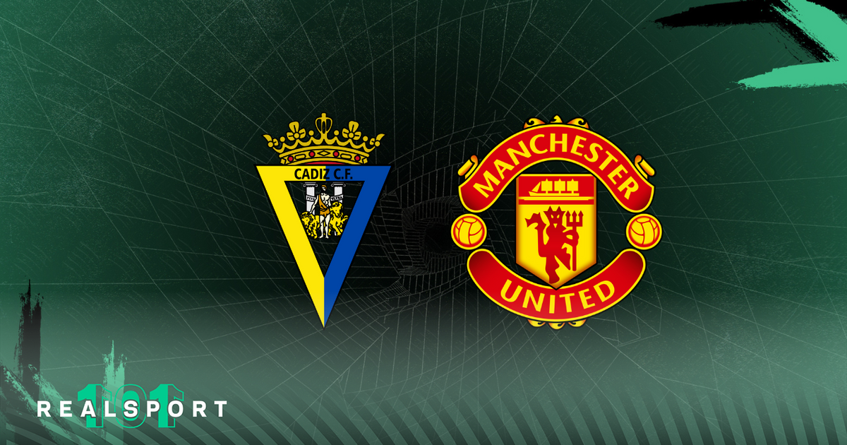 Cadiz and Manchester United badges with green background