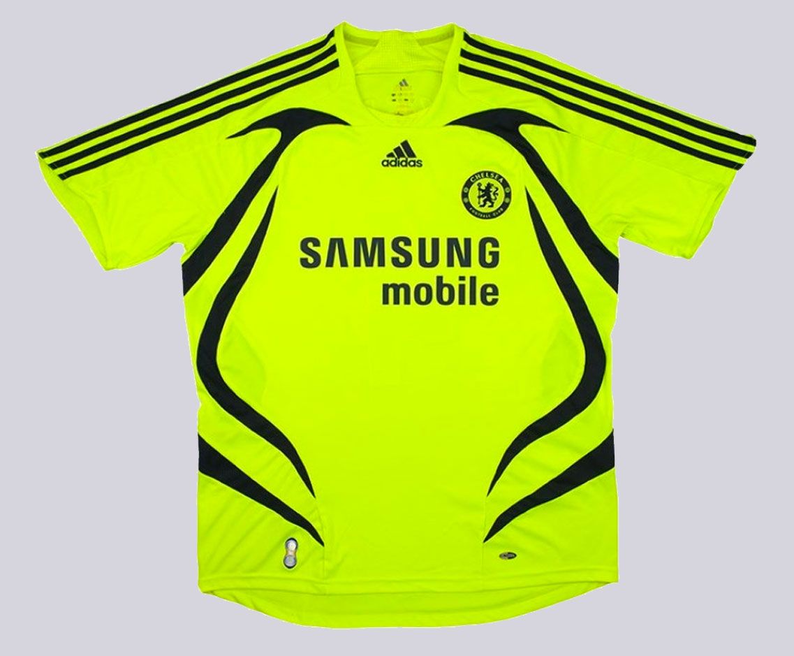 Chelsea away kit 2007/08 product image of a neon yellow adidas kit with black details.