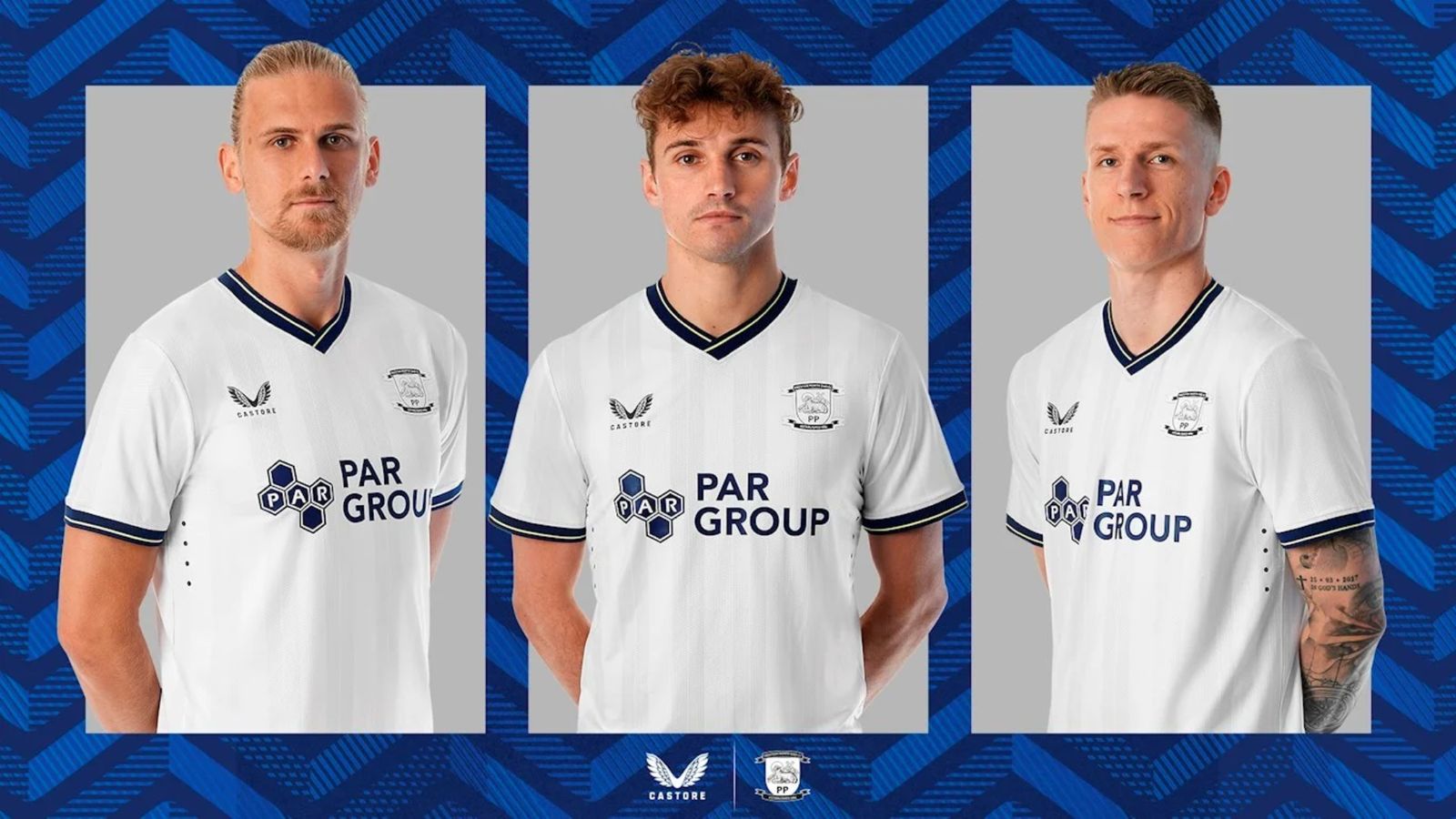 Preston North End Castore Home Kit product image of a white kit worn by players featuring navy collars and sleeves.