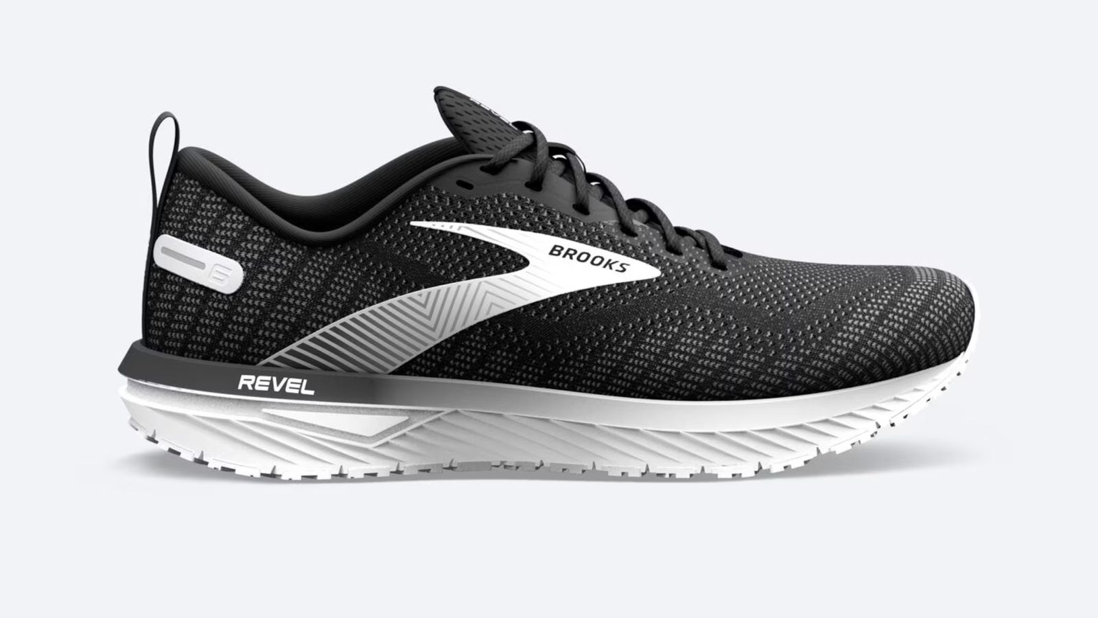 Brooks Revel 6 product image of a black, knitted running shoe with a white sole unit and stripe down the side.