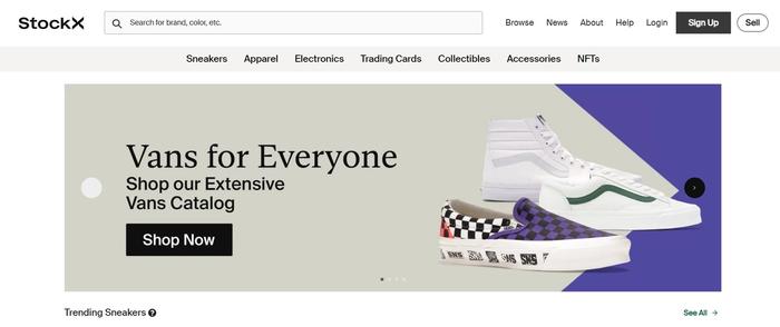 StockX website homepage with Vans catalog advertised.