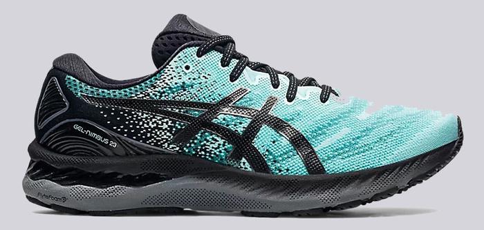 Best marathon shoes ASICS product image of a light blue and black trainer.
