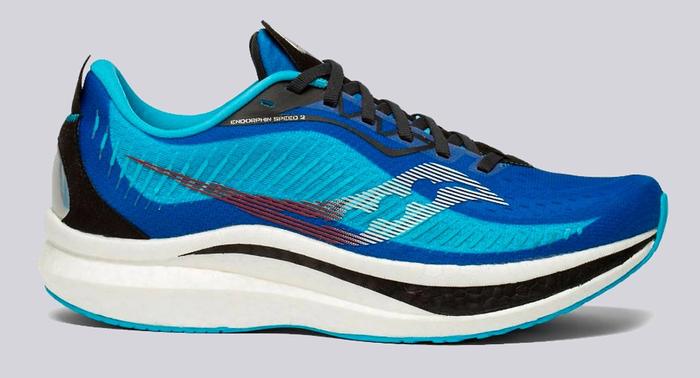Best marathon shoes Saucony product image of a single blue shoe with light blue details and white and black midsole.