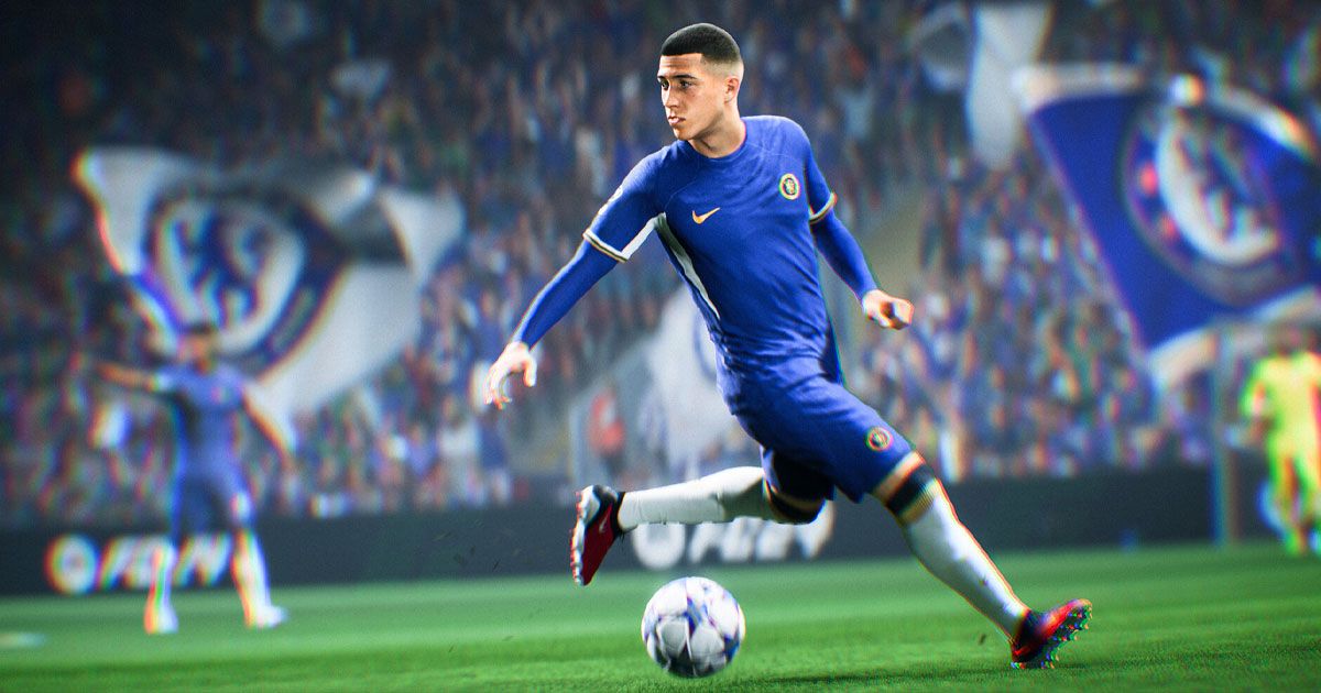 In-game image from EA FC of a player wearing a blue chelsea strip with white and gold trim and white socks.