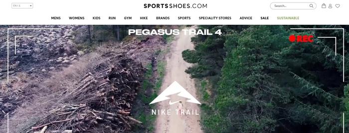 Sports Shoes website image with new Pegasus Trail 4 running shoes advertised.