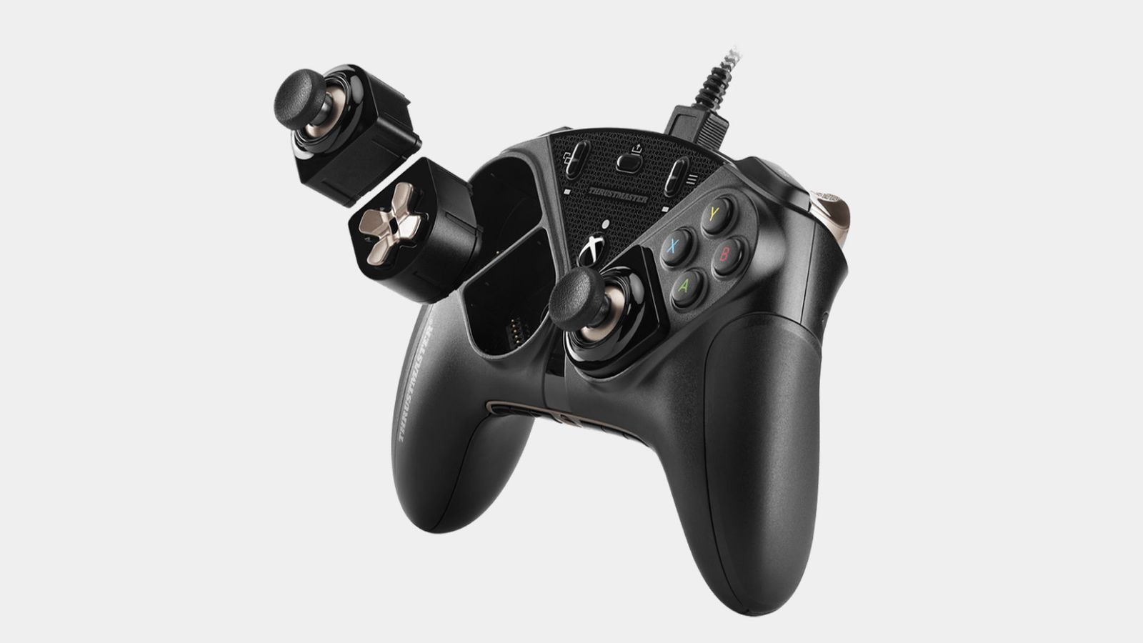 Best controller for Halo Infinite Thrustmaster product image of a black controller with swappable buttons and joysticks.